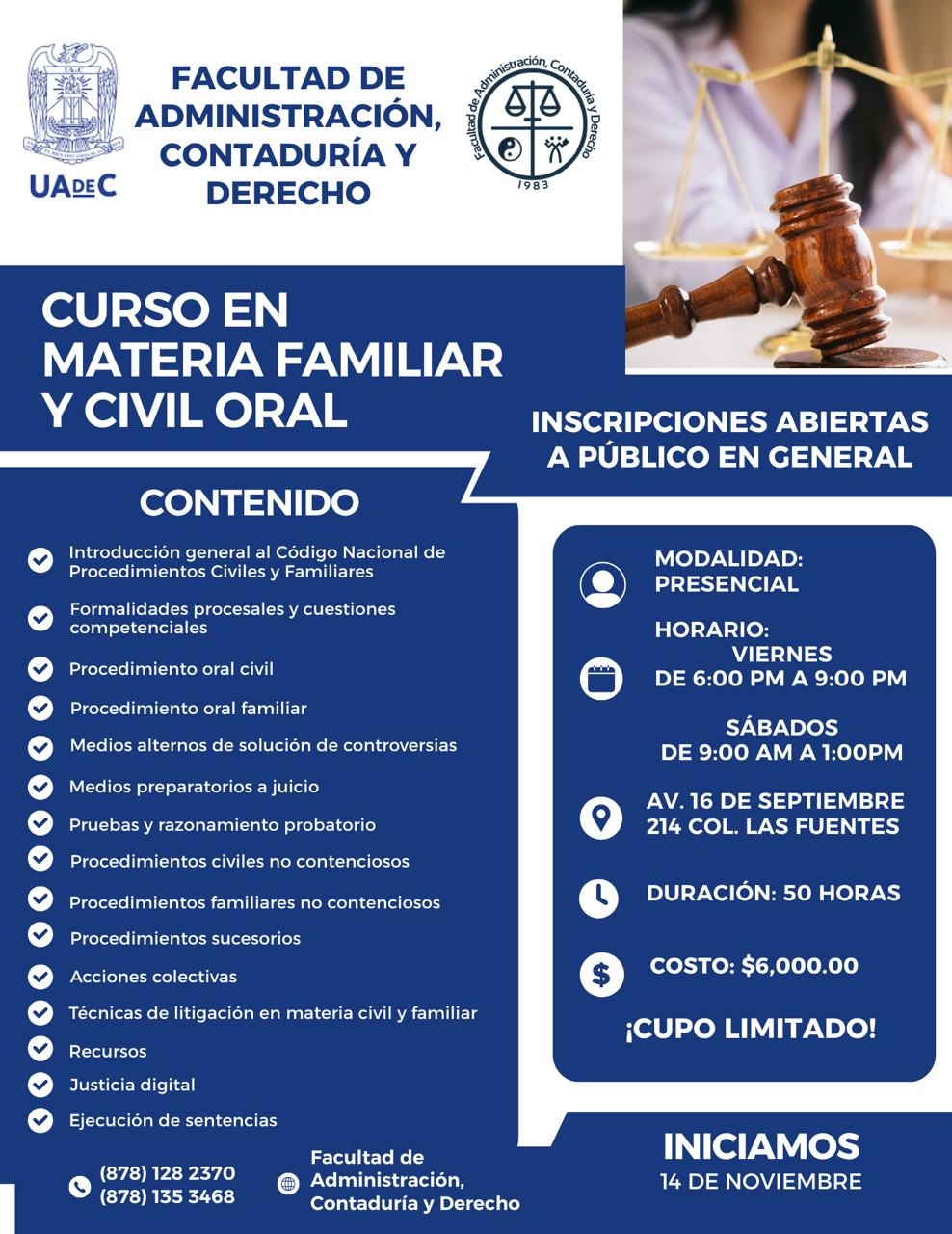 Inscríbete al Curso en Materia Familiar y Civil Oral que Ofrece la UAdeC en la Unidad Norte