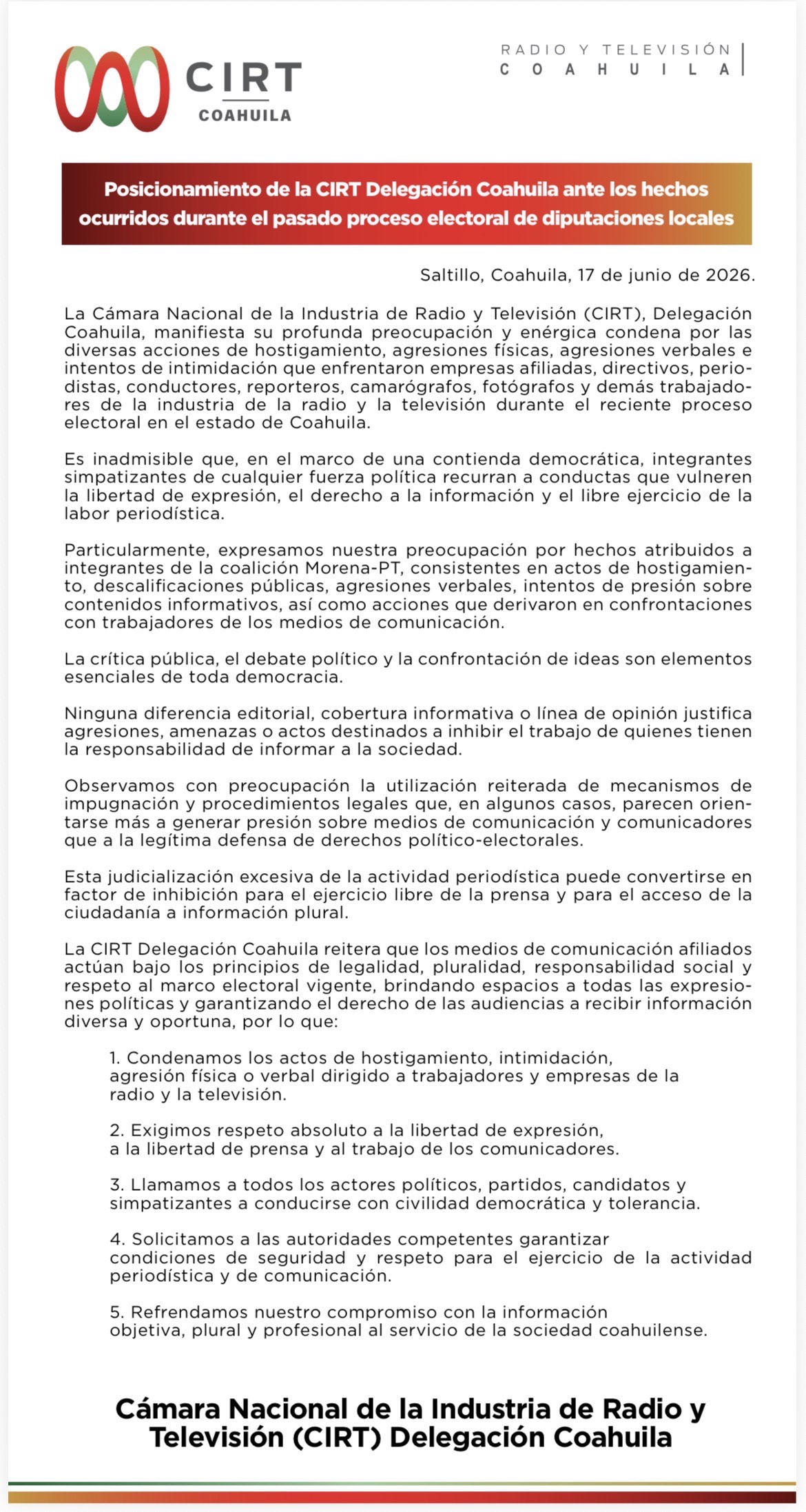 Posicionamiento de la CIRT Delegación Coahuila ante los hechos ocurridos durante el pasado proceso electoral de diputaciones locales